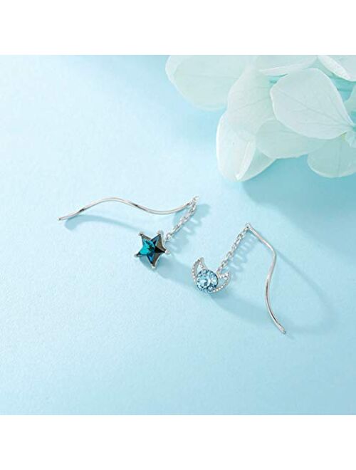 SLUYNZ 925 Sterling Silver Blue Crystal Star Moon Dangle Earrings for Women Teen Girls Star Moon Tassel Earrings Chain