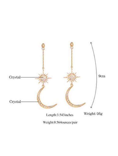 Puffinsing Dainty Long Dangle Earrings for Women Girls, Fashion Jewellry, Cute Gold Silver dangly, Upgrade Moon Stars Sun Earring