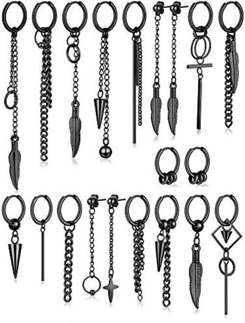 Hicarer 20 Pieces Dangle Earrings Stainless Steel Huggie Hinged Hoop Earrings for Women Men