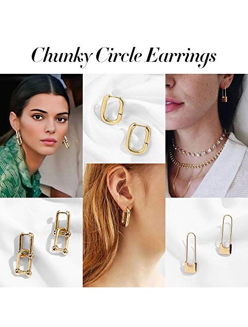 Sloong 3paris 14k Gold Plated Ball U Shape Pin Y2K Style Chunky Earring Link Chain Chunky Circle Hoop Earrings Paperclip Link Chain Jewelry Drop Dangle Earrings set for w