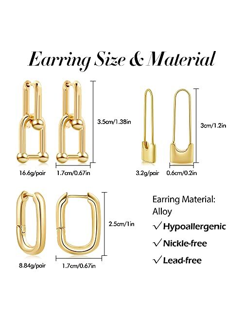 Sloong 3paris 14k Gold Plated Ball U Shape Pin Y2K Style Chunky Earring Link Chain Chunky Circle Hoop Earrings Paperclip Link Chain Jewelry Drop Dangle Earrings set for w