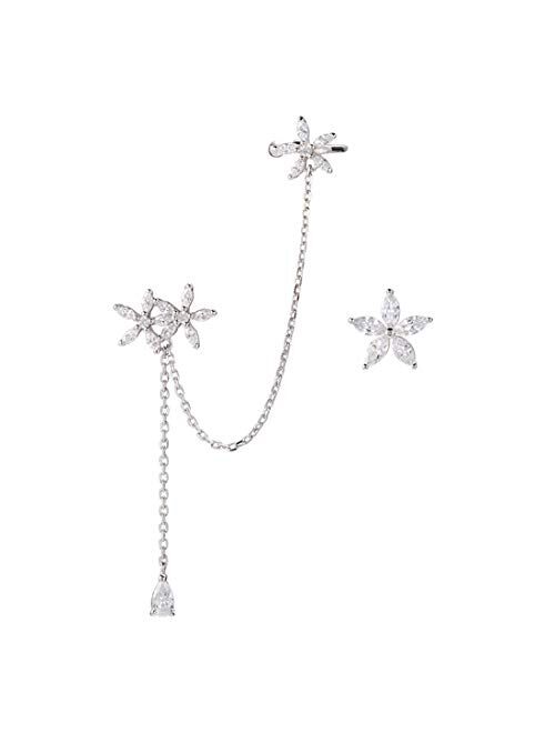 SLUYNZ 925 Sterling Silver Daisy Flowers Cuff Earrings Chain for Women Teen Girls Asymmetric CZ Daisy Earrings Crawler Earrings Dangling Chain