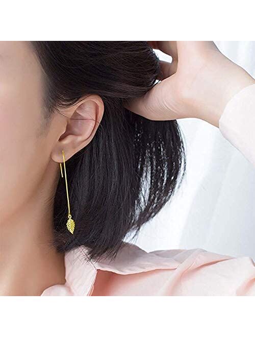 Msecvoi Boho Minimalist Long Thin Linear 925 Sterling Silver Leaves Dangle Earrings Chain for Women Elegant Threader Earrings