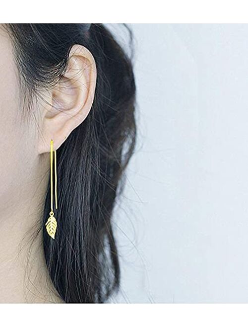 Msecvoi Boho Minimalist Long Thin Linear 925 Sterling Silver Leaves Dangle Earrings Chain for Women Elegant Threader Earrings