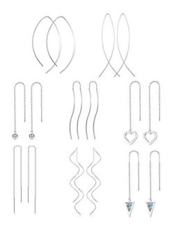 Jstyle 8Pairs Stainless Steel Curved Threader Earrings for Women Drop Dangle Tassel Chain Earrings Set Lightweight