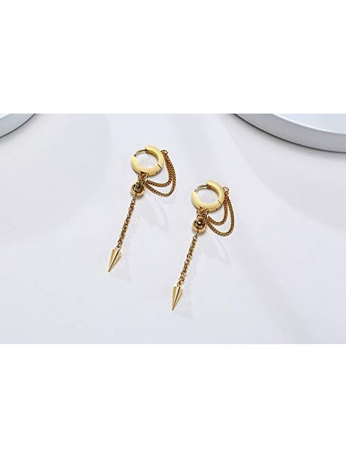 Hisatan Unisex Tassel Chain Drop Dangle Earrings,Mens Womens Stainless Steel Huggie Hinged Hoop Earrings with Dangle Cone