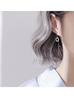 Korean Tiny Small Circle Geometric Long Tassel Dangle Drop Chain Threader Earrings for Women Teen Girls - 925 Silver, Cubic Zirconia, Safe for Sensitive Ears, Lightweight
