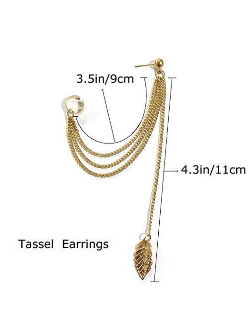 Artmiss Women’s Leaf Earrings Gold Long Tassels Drop Dangle Fashion Bar Earring Ear Clip for Girls (Gold)
