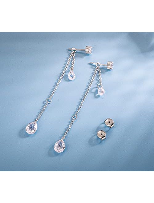 SLUYNZ 925 Sterling Silver CZ Droplet Dangle Earrings Chain for Women Teen Girls Sparkling CZ Studs Earrings Tassel Chain (Droplet Dangle)