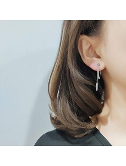 Amkaka Bar Dangle Earrings With Chain for Women Minimalist 925 Sterling Silver Stud Earrings
