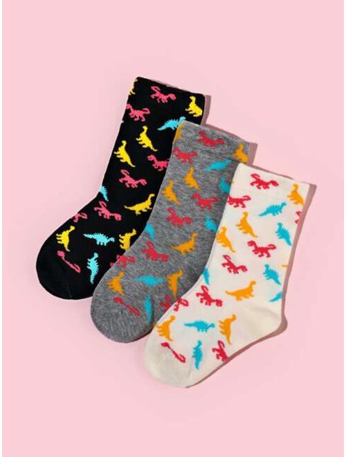 Shein 3pairs Toddler Boys Dinosaur Print Crew Socks