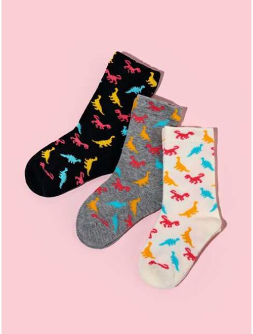 Shein 3pairs Toddler Boys Dinosaur Print Crew Socks