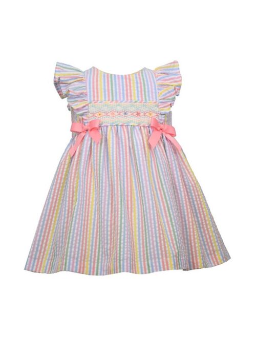 Bonnie Baby Baby Girls Flutter Sleeved Striped Seersucker Dress with Smocking Panel and Bows and Matching Panty