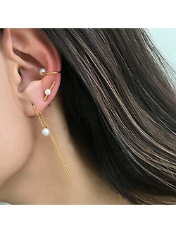 Cowlyn Pearl Tassel Threader Earrings 925 Sterling Silver Long Drop Dangle Ear Line Eardrop Piercing Hypoallergenic Jewelry for Women Girls