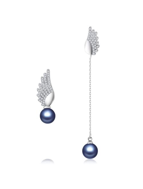 Richapex Pearl Drop Dangle Earrings Angel Wings 925 Sterling Silver Frosted Crystal Earring Asymmetrical Studs for Women Girls