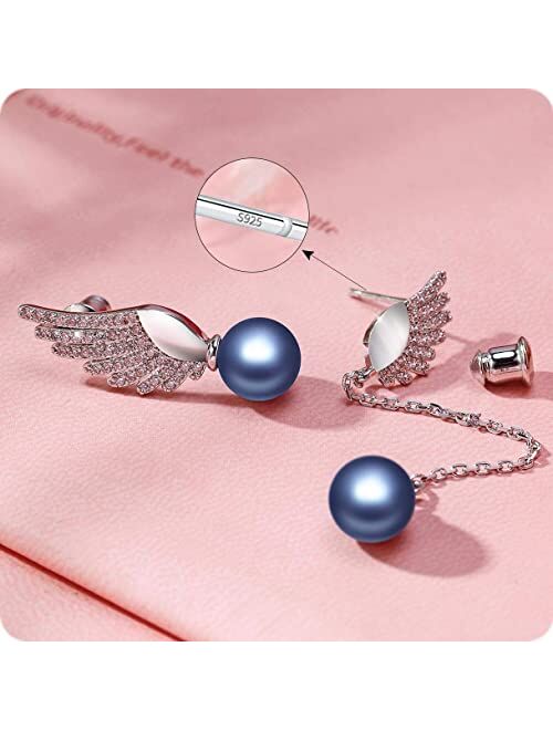Richapex Pearl Drop Dangle Earrings Angel Wings 925 Sterling Silver Frosted Crystal Earring Asymmetrical Studs for Women Girls