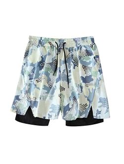 Anna & Eric Anti-Chafe Mens Swim Trunks Compression Liner Quick Dry Swimwear Swim Shorts with Boxer Brief Lined (S, Light Blue)