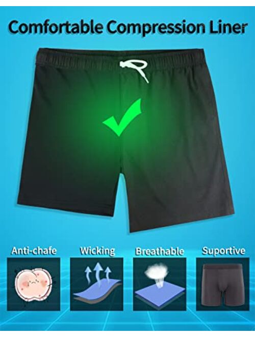 LUCOWEE Mens Swim Trunks with Compression Liner Anti Chafe no Mesh Net Comfort Boxer Brief Lined 5/7 inch Inseam Bathing Suit