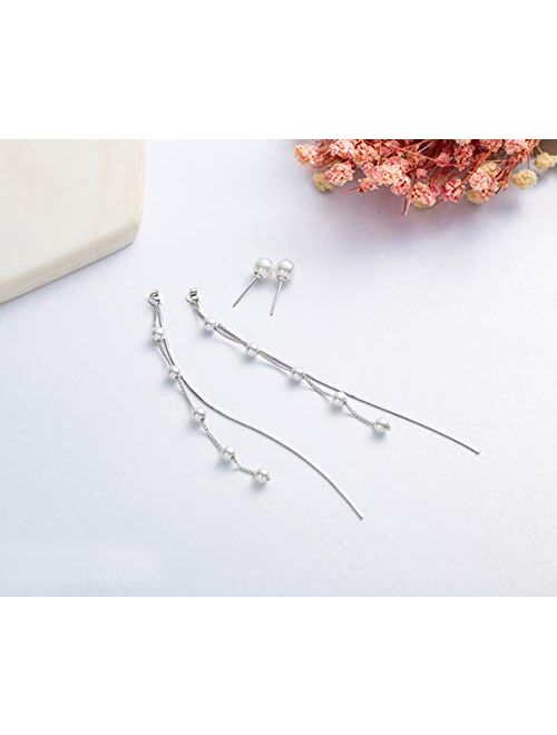 SLUYNZ 925 Sterling Silver Pearl Dangle Earrings Chain for Women Teen Girls Elegant Pearl Tassel Earrings Long Earrings