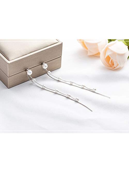 SLUYNZ 925 Sterling Silver Pearl Dangle Earrings Chain for Women Teen Girls Elegant Pearl Tassel Earrings Long Earrings
