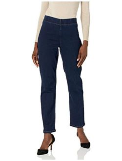 Women's Pull on Straight Leg Polsihed Denim Pant with Back Pocket Top Stitch Detail