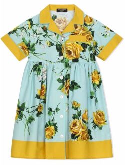 Kids rose-print cotton shirt dress