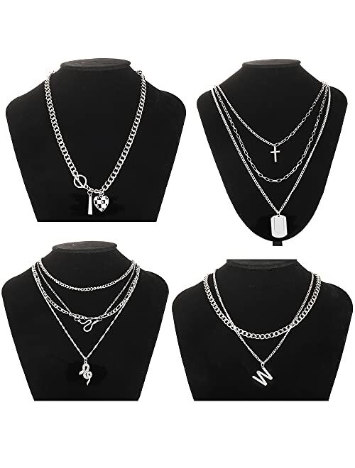 If You Silver Chain Necklace Egirl Men, Cool Goth Punk Layered Necklaces for Women Teen Girls, Black Crystal Cross Pendant Choker Necklace Set Y2K Emo Jewelry