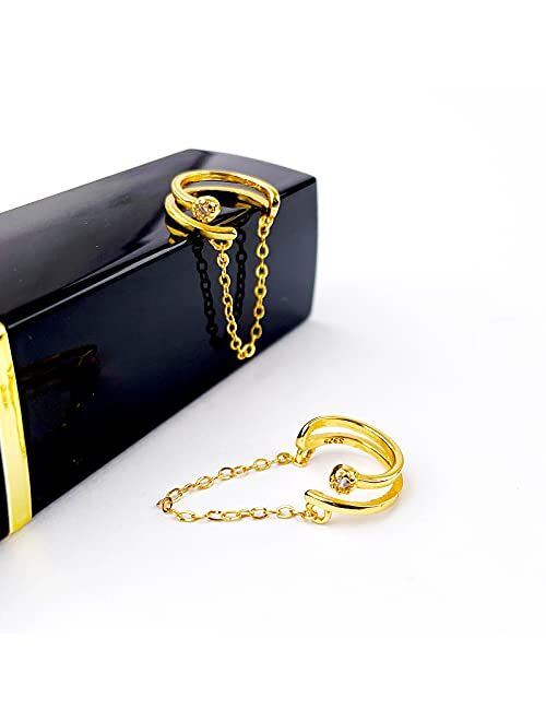 Slhncm Women Ear Cuff Earrings, Sterling Silver Gold Cuff Chain Earrings for Women Girl | No Piercing a Pair of Ear Cartilage Earrings Adjustable | Clip on Wrap Earrings