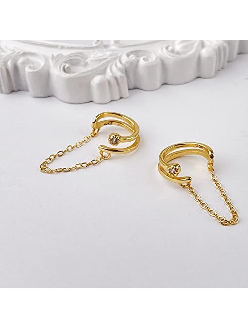 Slhncm Women Ear Cuff Earrings, Sterling Silver Gold Cuff Chain Earrings for Women Girl | No Piercing a Pair of Ear Cartilage Earrings Adjustable | Clip on Wrap Earrings