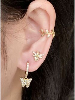 2pcs Rhinestone Butterfly & Bee Earrings & 1pc Ear Cuff