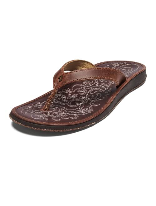 OluKai Paniolo Women's Beach Sandals, Distressed Full-Grain Leather Flip-Flop Slides with Wet Grip Soles, Compression Molded Footbed & Soft Comfort Fit