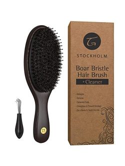Truly Genuine Stockholm Hair Brush for Men and Women - Mixed Boar Bristle Hairbrush with Added Detangling Pins for Optimally Getting Natural Oils Throughout All Hairs and