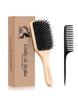 Hair Brush, Sosoon Boar Bristle Paddle Hairbrush for Long Short Thick Thin Curly Straight Wavy Dry Hair for Men Women Kids, No More Tangle, Giftbox & Tail Comb Included