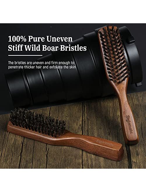 Stylemate Boar Bristle Hair Brush for Men - Wild Bristle Hairbrush with Black Walnut Wood Handle for Styling, Detangling & Smoothing, 7.8 Inches Long