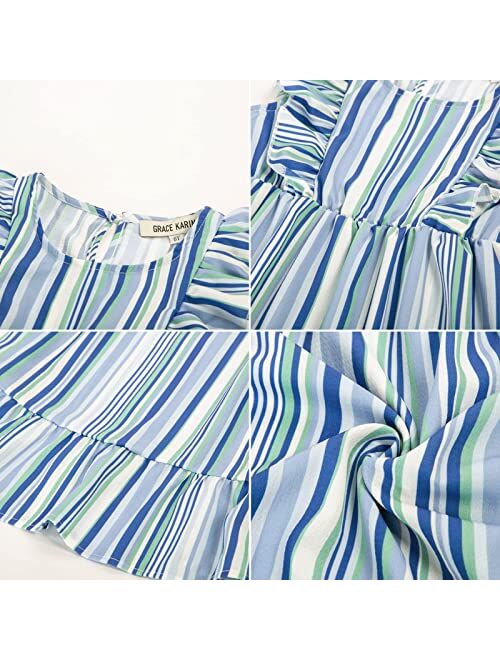 Grace Karin Girl's Casual Rainbow Striped Ruffle Short Sleeve Flounce Summer Beach Flowy Midi Dress
