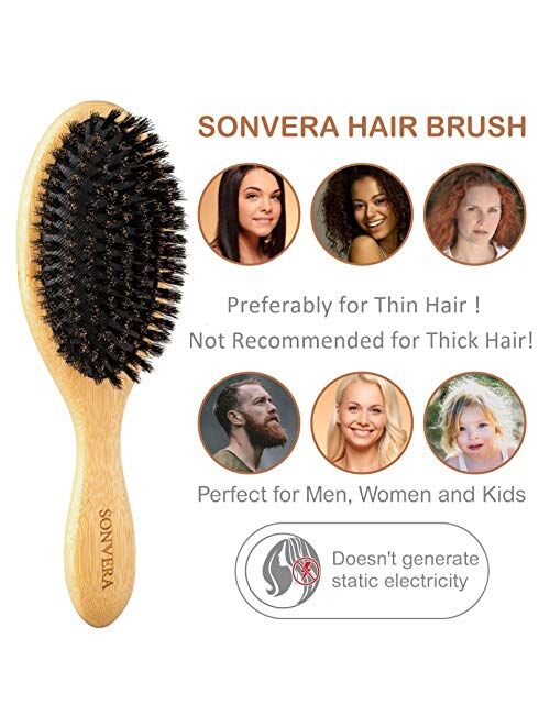 Sonvera Boar Bristle Hair Brush for Men Natural Hair Brushes for Women Pure Boar Bristle Brush Mens Hair Brush Set Boars Hair Brush Oval Wooden Bore Bamboo Hairbrush Adds