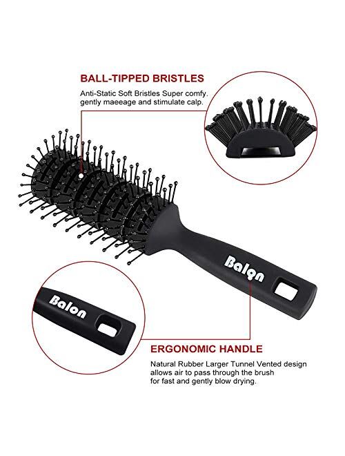 BALON Vent Hair Brush, 11 Row Vented Hairbrush for Men and Women, Vent Brushes With Ball Tipped Bristles for Wet Short Curly Straight Hair Blow Drying Quickly(Black)