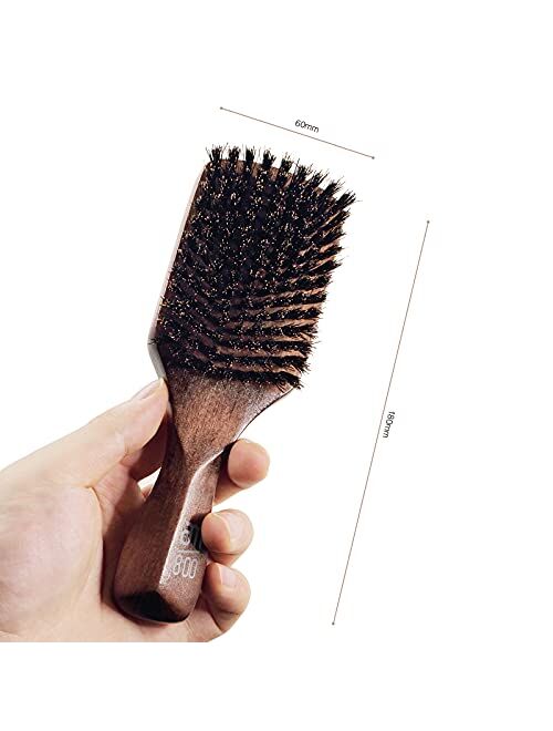 AM 8:00 Boar Bristle Hair Brush Set, 100% Medium Natural Boar Bristle Brush Suitable for All Beards & Thin to Normal Hair Types, Adds Shine and Smoothing Hair, with Free 