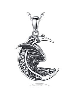 Vito Sterling Silver Celtic Moon Dragon Necklace for Women Men, Vintage Aesthetic Pendant Jewelry, Gift for Boys, Husband, 18 inch Chain