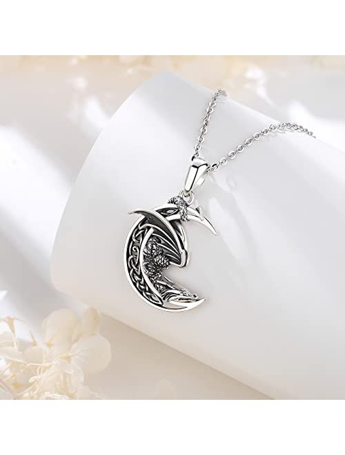 Vito Sterling Silver Celtic Moon Dragon Necklace for Women Men, Vintage Aesthetic Pendant Jewelry, Gift for Boys, Husband, 18 inch Chain