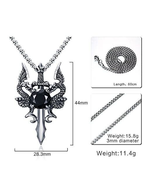 AIKESIWAI Stainless Steel Men's Pendant, Dragon Sword Necklace,Knight Necklace,Necklace for Men,44MM Black Zircon Inlaid, Dragon Necklace, Vintage Necklace, Double Dragon