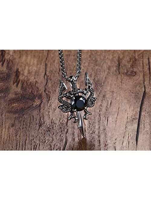 AIKESIWAI Stainless Steel Men's Pendant, Dragon Sword Necklace,Knight Necklace,Necklace for Men,44MM Black Zircon Inlaid, Dragon Necklace, Vintage Necklace, Double Dragon