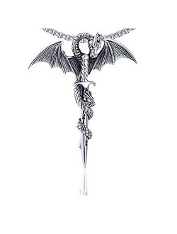 Xusamss Punk Rock Titanium Steel Sword Pendant Wings Dragon Necklace with 24inches Chain