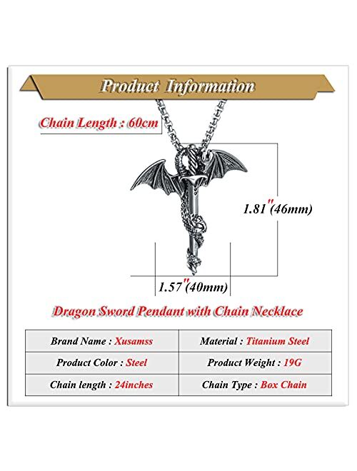 Xusamss Punk Titanium Steel Dragon Sword Wing Pendant Necklaces