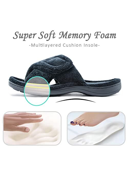 Git-Up Women's Adjustable Diabetic Slippers Memory Foam House Shoes Cozy Arch Support Orthotic Heel Cup Arthritis Edema Slippers Non Slip Rubber Sole, Open Toe Fuzzy Slid