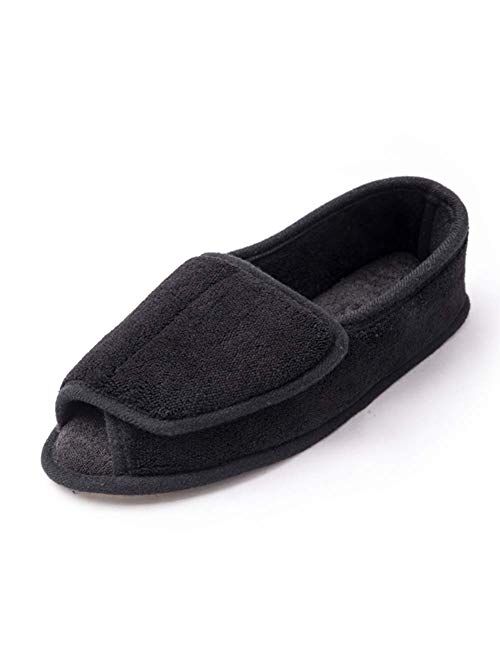 Git-up Diabetic Slippers for Women Memory Foam Arthritis Edema Adjustable Open Toe Swollen Feet Slippers Bedroom House Indoor Outdoor Shoes with Rubber Sole