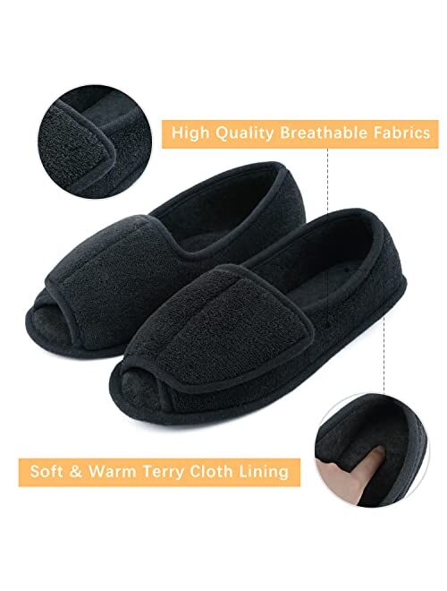 Git-up Diabetic Slippers for Women Memory Foam Arthritis Edema Adjustable Open Toe Swollen Feet Slippers Bedroom House Indoor Outdoor Shoes with Rubber Sole