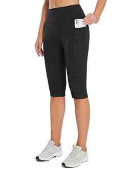 Women's Knee Length Leggings High Waisted Yoga Workout Exercise Capris for Casual Summer with Pockets