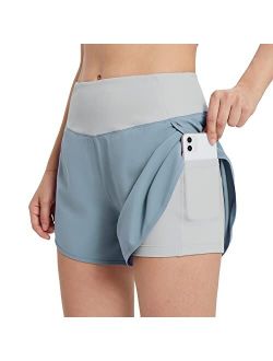 Women's 2 in 1 Running Athletic Shorts with Liner Lightweight Quick-Dry Workout Active Yoga Shorts with Pockets