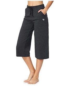 Women's Capris Casual Summer Cotton Yoga Wide Leg Lounge Athletic Jersey Walking Loose Workout Capri Pants Pocketed
